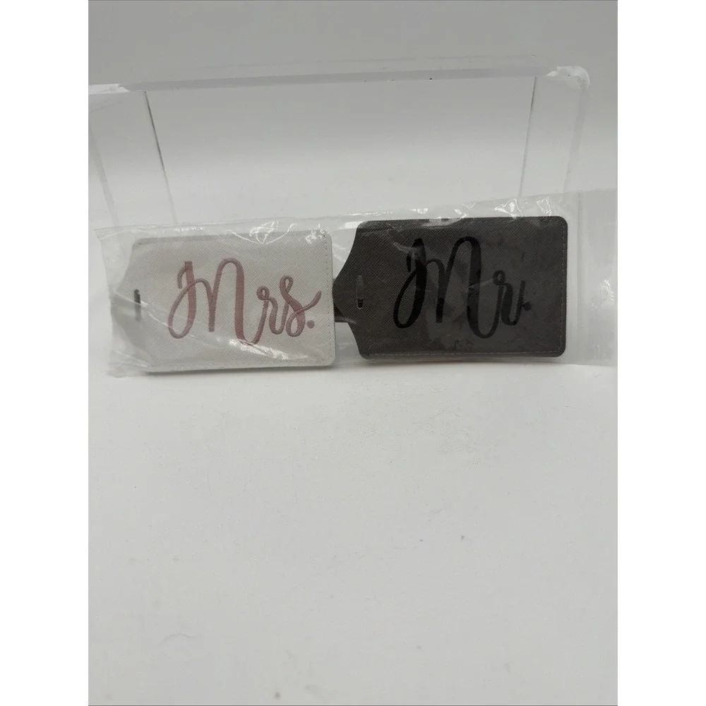 Mr & Mrs Luggage Tag SET Faux Leather Gray/White 4